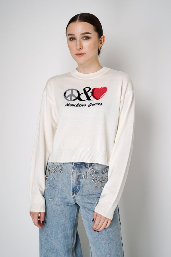 Moschino Jeans Peace-and-Love Knitted Virgin Wool Pullover Sweater in White
