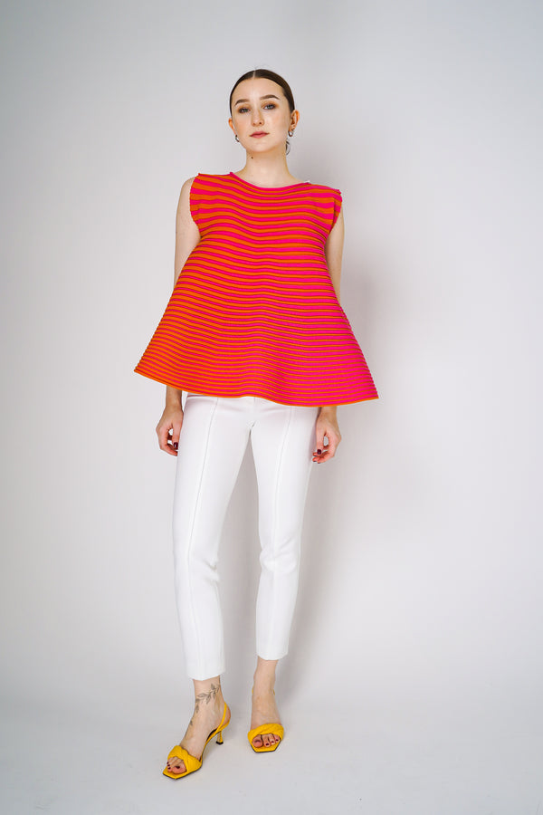 Pleats Please Issey Miyake Bounce Knit Wide Bottom Ribbed Sleeveless Top in Orange and Pink Vancouver. Shop Online or in Store. 