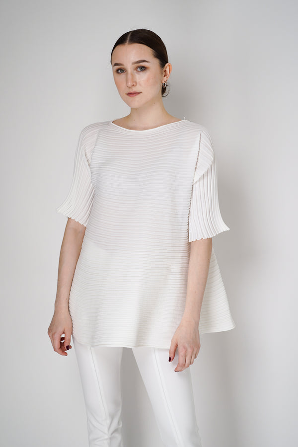 Pleats Please Issey Miyake Bounce Knit Short Sleeve Flared Top in White Vancouver. Shop Online or in Store. 