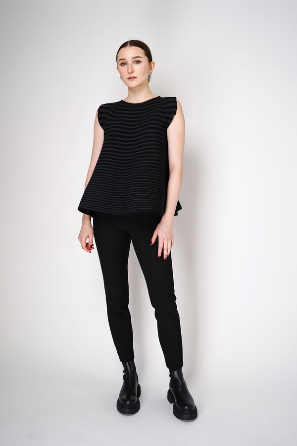 Pleats Please Issey Miyake Bounce Knit Wide Bottom Ribbed Sleeveless Top in Black Vancouver. Shop Online or in Store. 