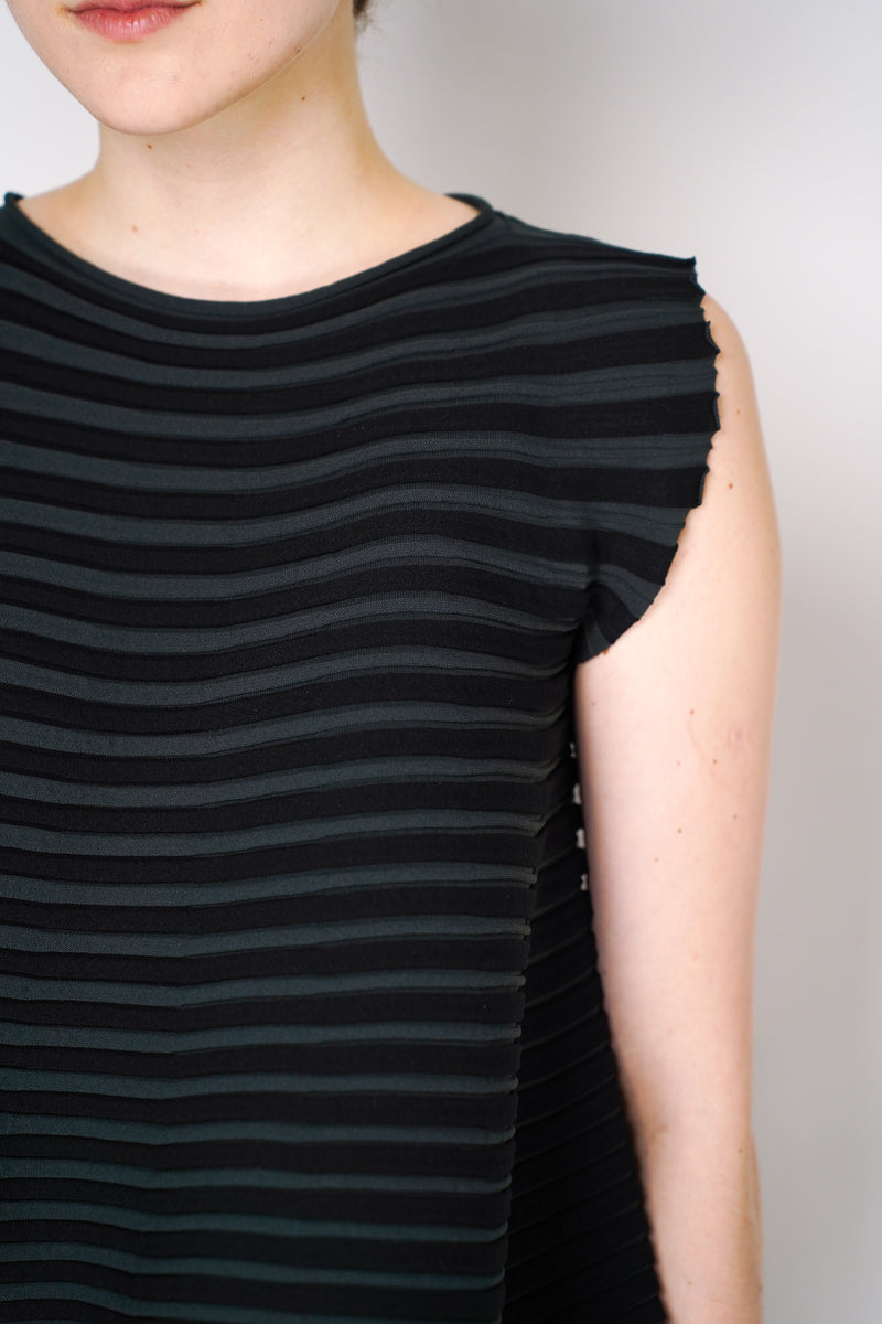 Pleats Please Issey Miyake Bounce Knit Wide Bottom Ribbed Sleeveless Top in Black Vancouver. Shop Online or in Store.