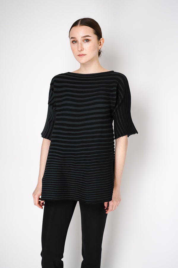 Pleats Please Issey Miyake Bounce Knit Short Sleeve Flared Top in Black Vancouver. Shop Online or in Store. 