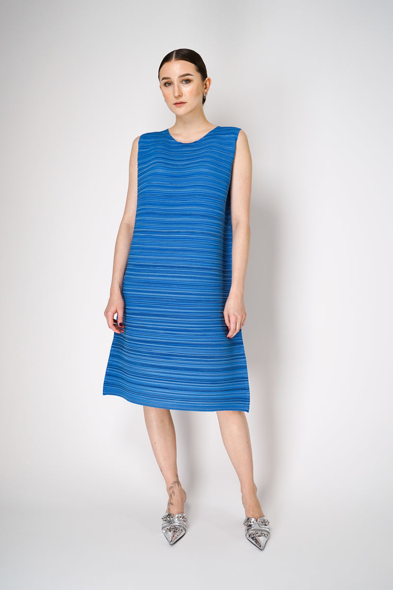 Pleats Please Issey Miyake Sheer Bounce Long Sleeveless Dress in Azure Blue Vancouver. Shop Online or in Store.