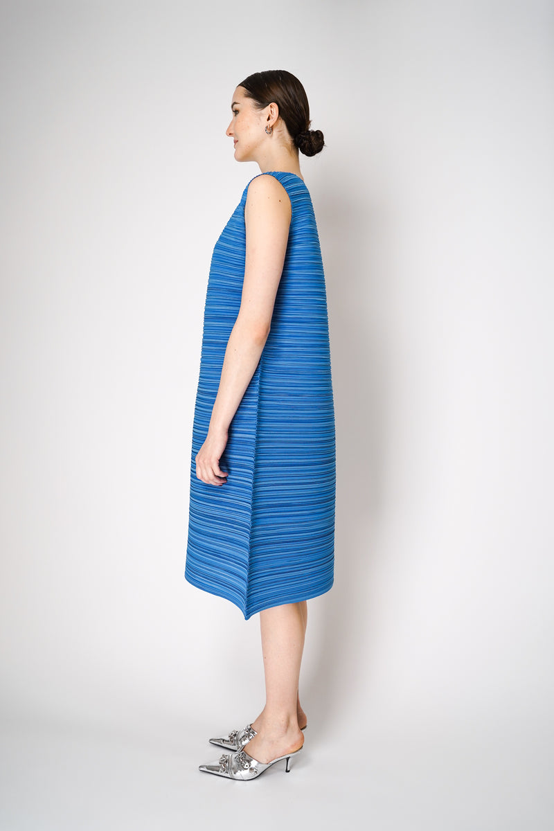 Pleats Please Issey Miyake Sheer Bounce Long Sleeveless Dress in Azure Blue Vancouver. Shop Online or in Store.