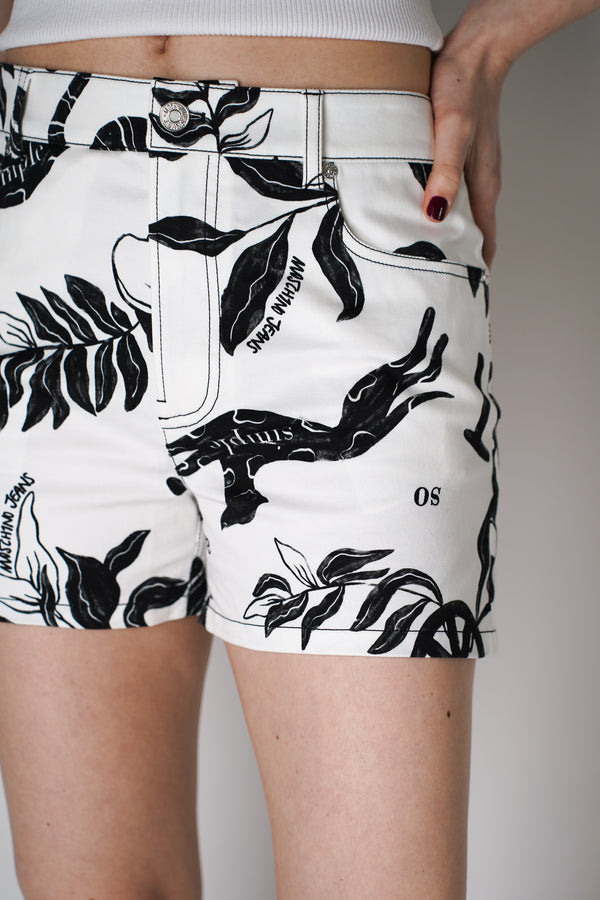 Moschino Jeans Denim Shorts in White and Black Nature Inspired Print