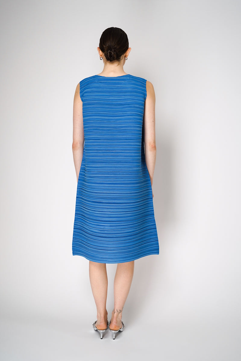 Pleats Please Issey Miyake Sheer Bounce Long Sleeveless Dress in Azure Blue Vancouver. Shop Online or in Store.