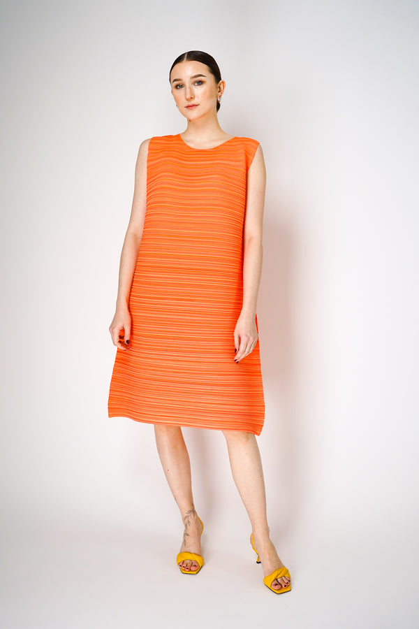 Pleats Please Issey Miyake Sheer Bounce Long Sleeveless Dress in Coral