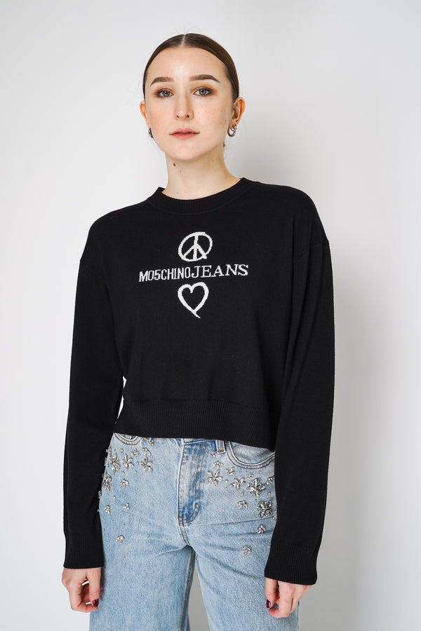 Moschino Jeans Knitted Peace Sign Virgin Wool Pullover Sweater in Black