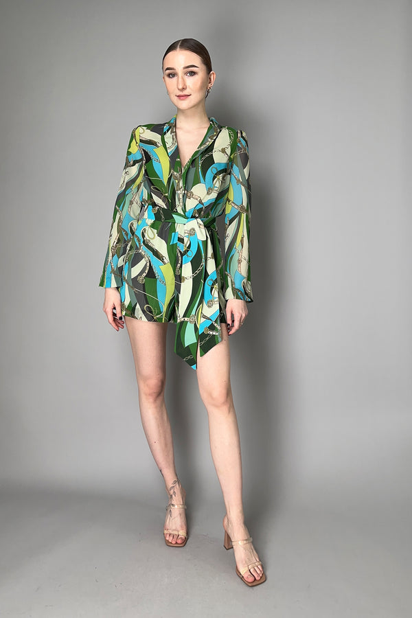 L'Agence Arabell Chiffon Romper in Green Multi Belt Swirl Print