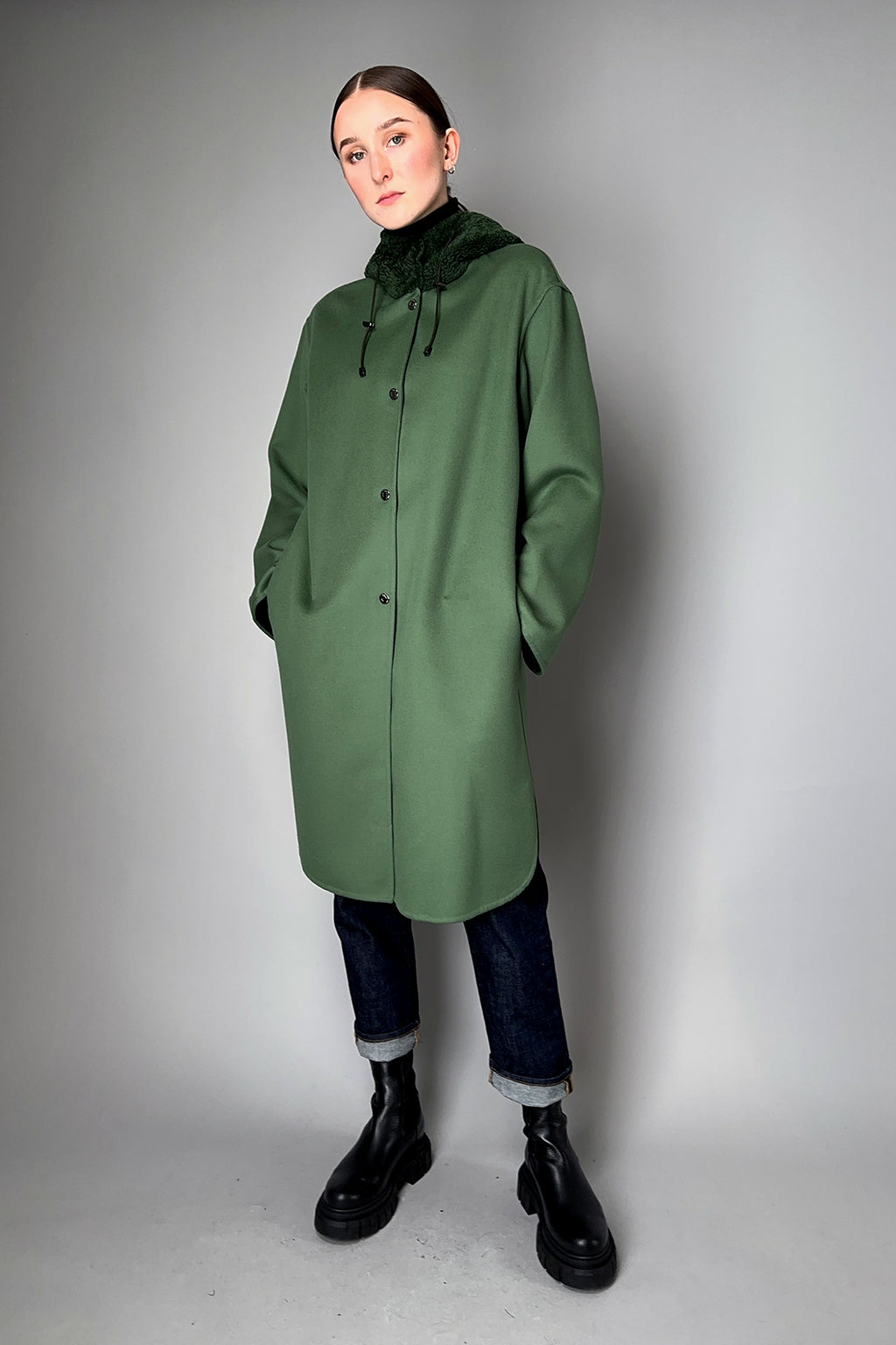 Manzoni 24 Wool-Cashmere Parka with Curly Shearling Hood in Jade 