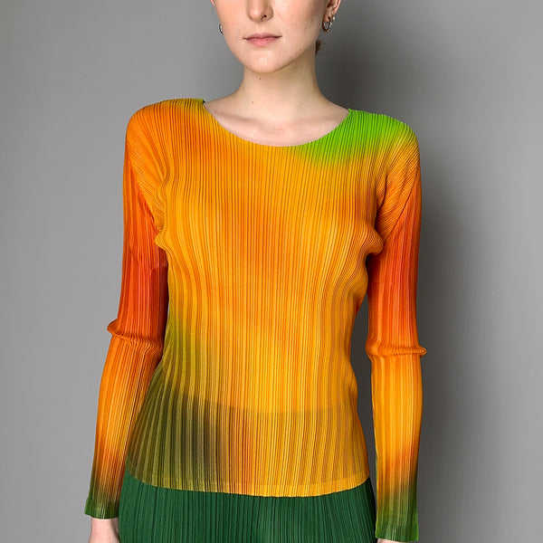 Pleats Please Issey Miyake Melty Rib Crew Neck Top in Orange and Green