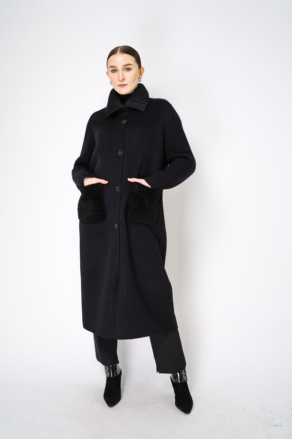 Manzoni 24 Loro Piana Cashmere Blend Maxi Coat with Knitted Sleeves in Black