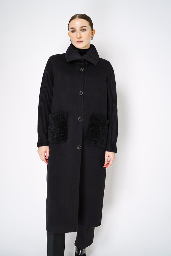 Manzoni 24 Loro Piana Cashmere Blend Maxi Coat with Knitted Sleeves in Black