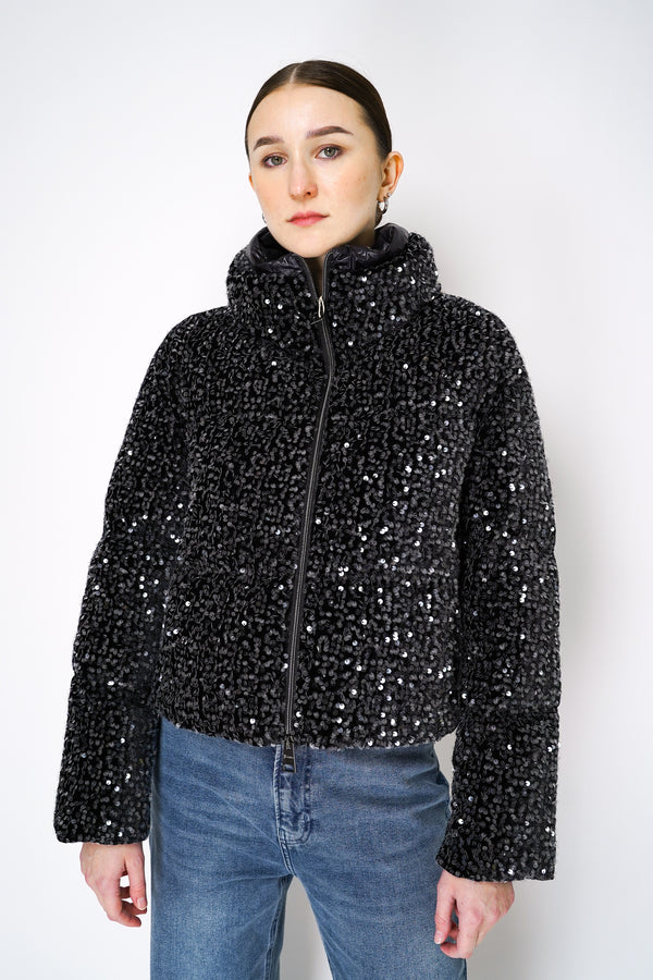 Herno High Neck Padded Sequined Jacket in Black