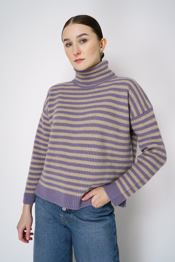 Base Milano Merino Wool Knitted Stripe Turtleneck Sweater in Purple and Beige Vancouver. Shop Online or in Store. 