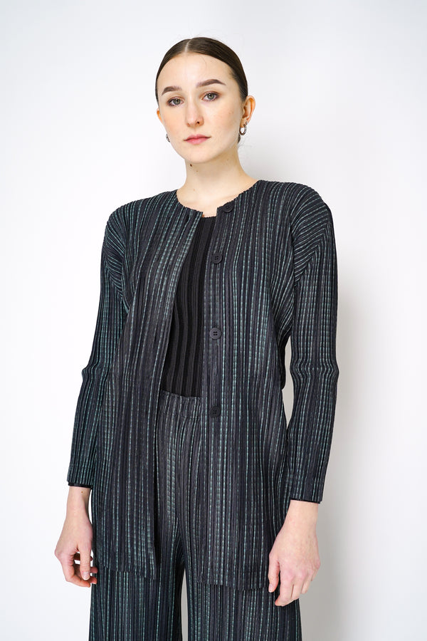 Pleats Please Issey Miyake Meteor Shower Buttoned Jacket in Navy and Green Stripes