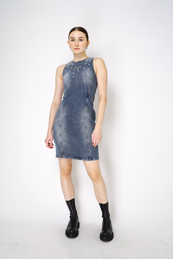 Moschino Jeans Sleeveless Denim Dress with Pearl Embellishments