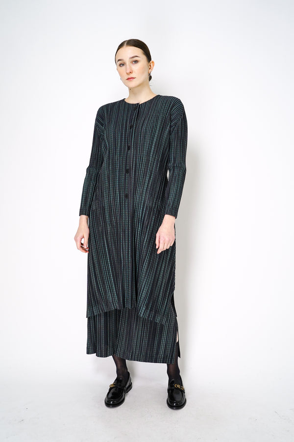 Pleats Please Issey Miyake Meteor Shower Maxi Cardigan in Navy and Green Stripes