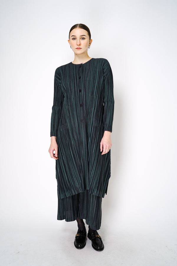 Pleats Please Issey Miyake Meteor Shower Maxi Cardigan in Navy and Green Stripes