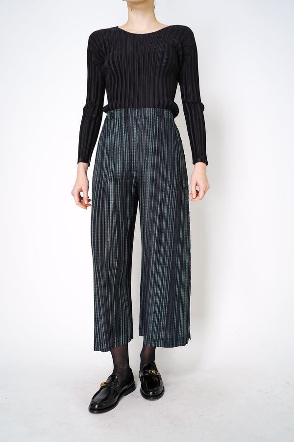 Pleats Please Issey Miyake Meteor Shower Wide Leg Pants in Navy and Green