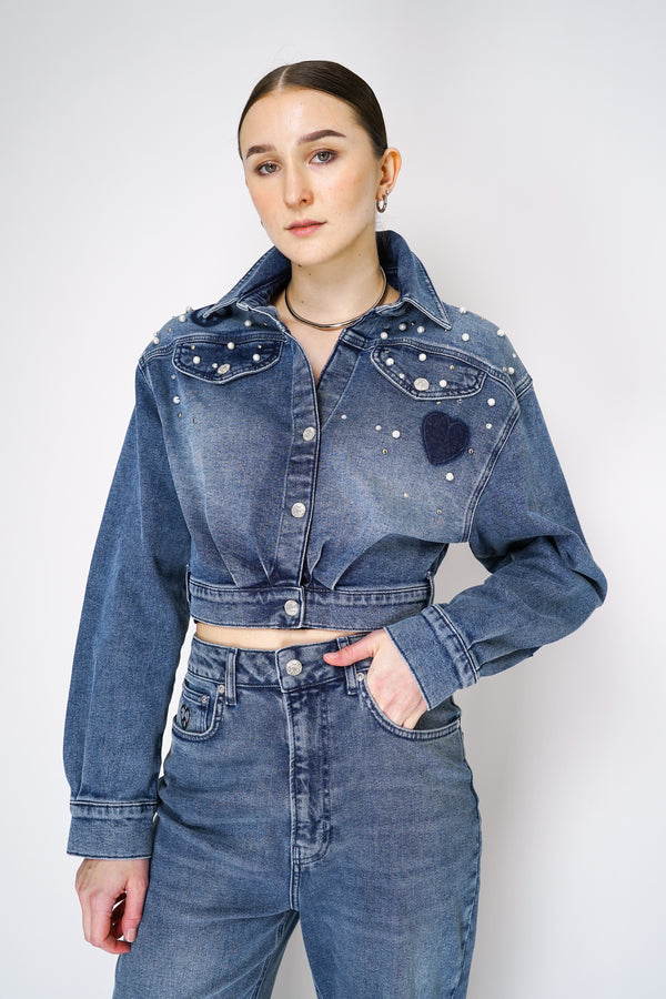 Moschino Jeans Cropped Denim Top Jacket with Pearl Embellishments