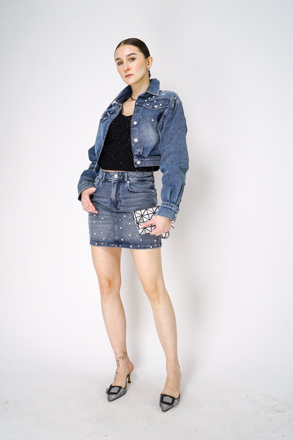 Moschino Jeans Denim Mini Skirt with Pearl Embellishments