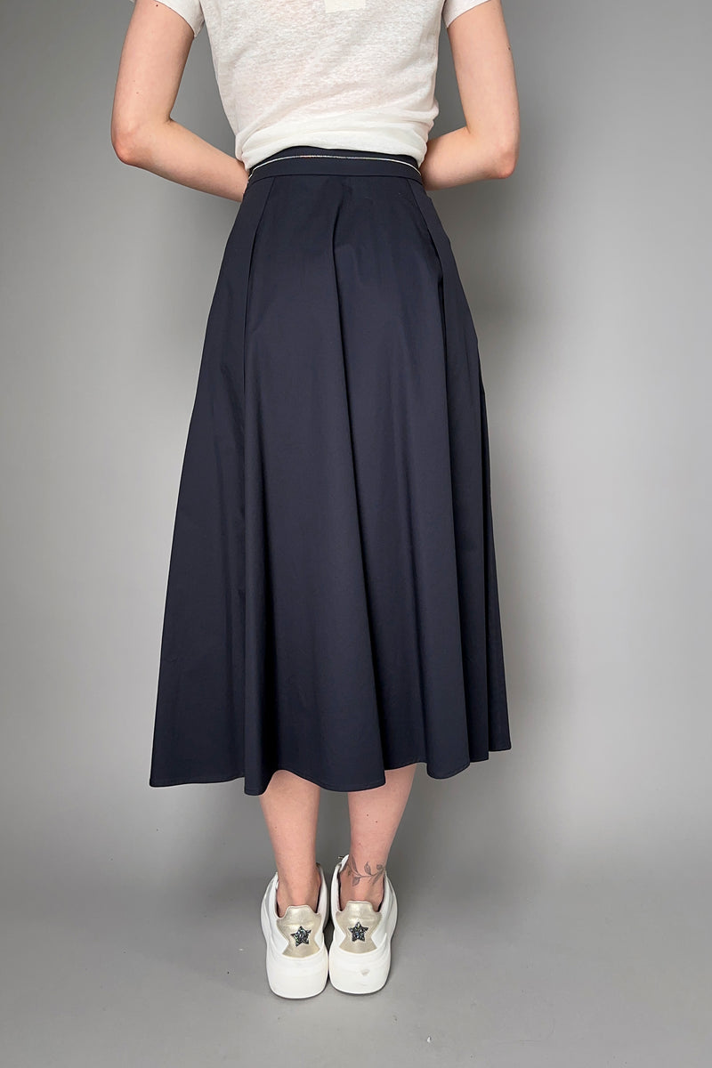 Peserico Softly Pleated Cotton Midi Skirt with Brilliant Beading Detail in Navy