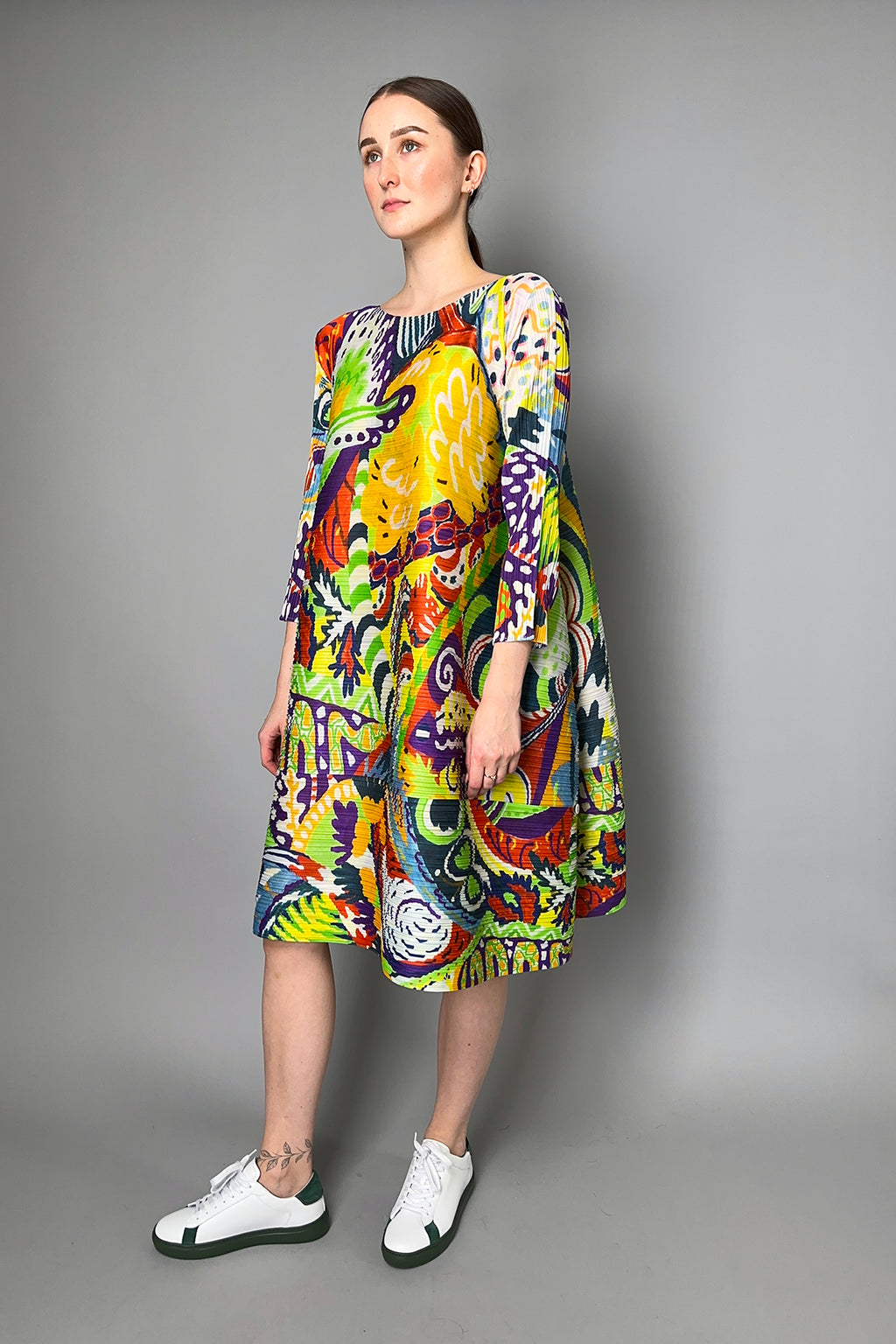 Pleats Please Issey Miyake Snowrunner Dress in Yellow and Green Pattern
