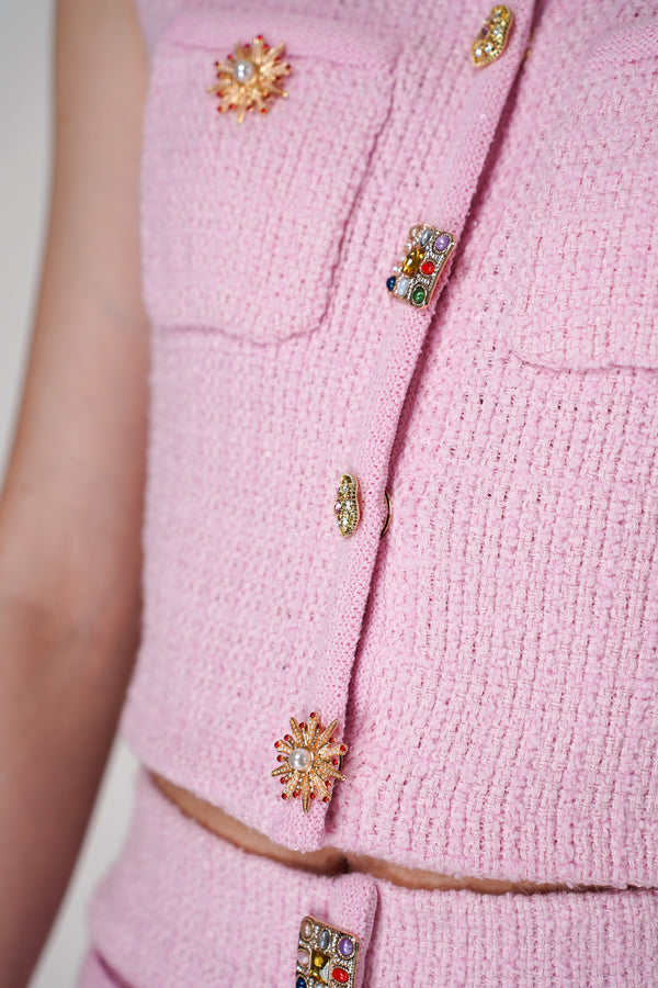 Self-Portrait Pink Jewel Button Knit Top