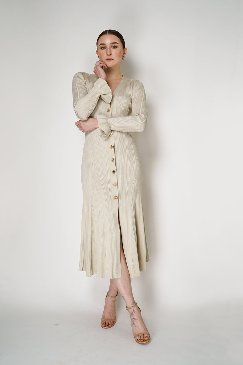 Self-Portrait Cream Metallic Ribbed Midi Dress Vancouver. Shop Online or in Store. 