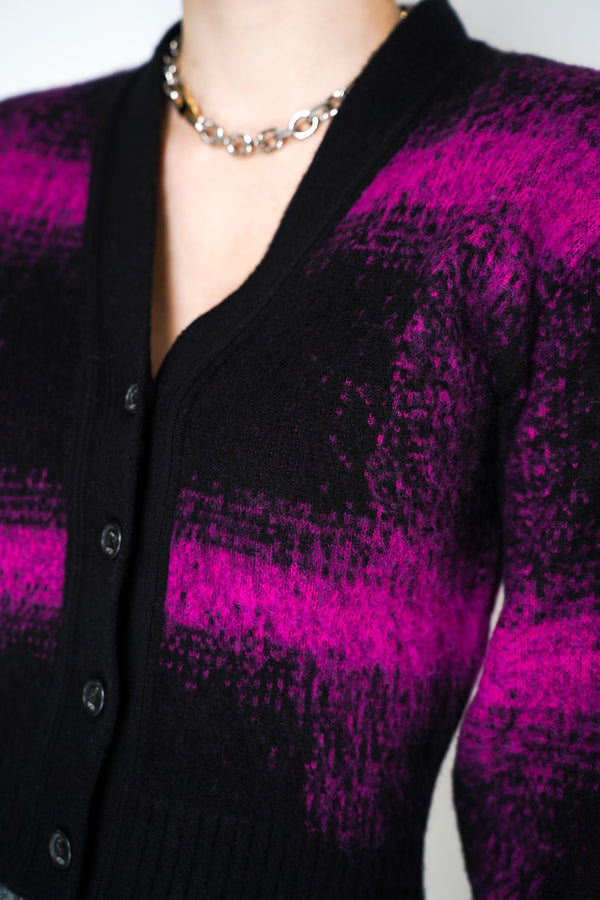 Nº21 Wool Knit Checked Cropped Cardigan in Black Magenta