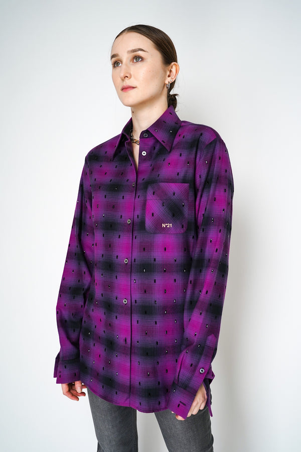 Nº21 Bead Embellished Plaid Shirt in Black Magenta Vancouver. Shop Online or in Store. 