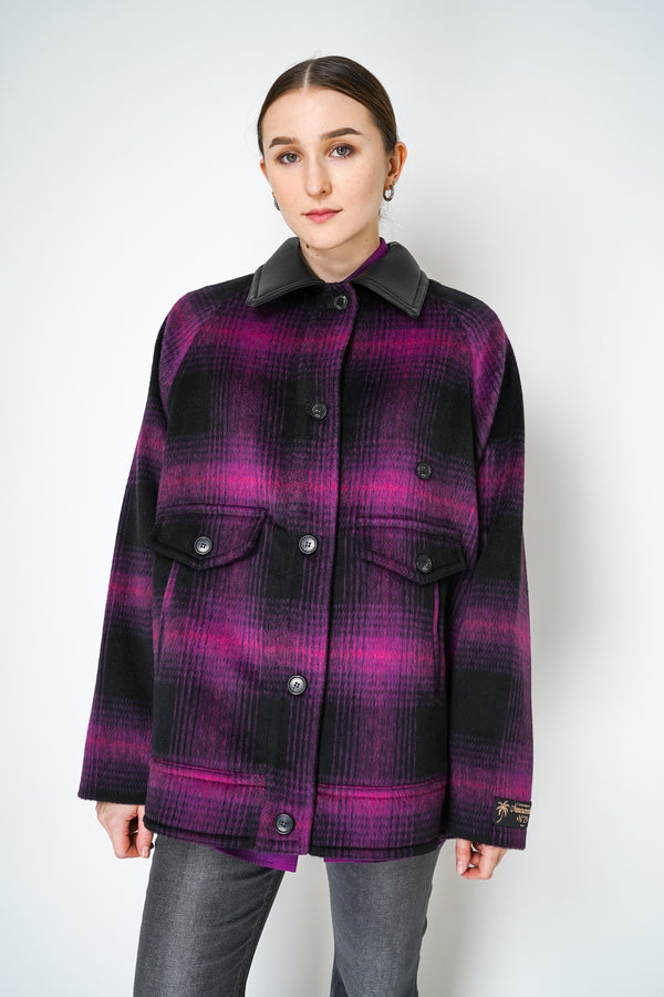 Nº21 Oversized Wool Jacket in Black Magenta Plaid Print with  Leather Collar