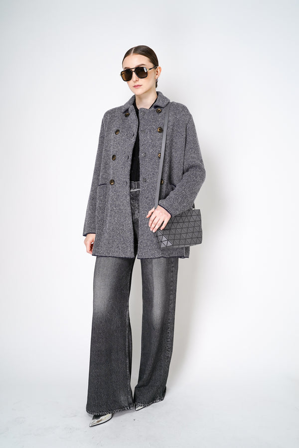 Base Milano Alpaca Blend Double Breasted Stretch Knit Coat in Navy and White