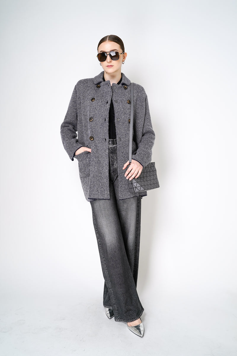 Base Milano Alpaca Blend Double Breasted Stretch Knit Coat in Navy and White