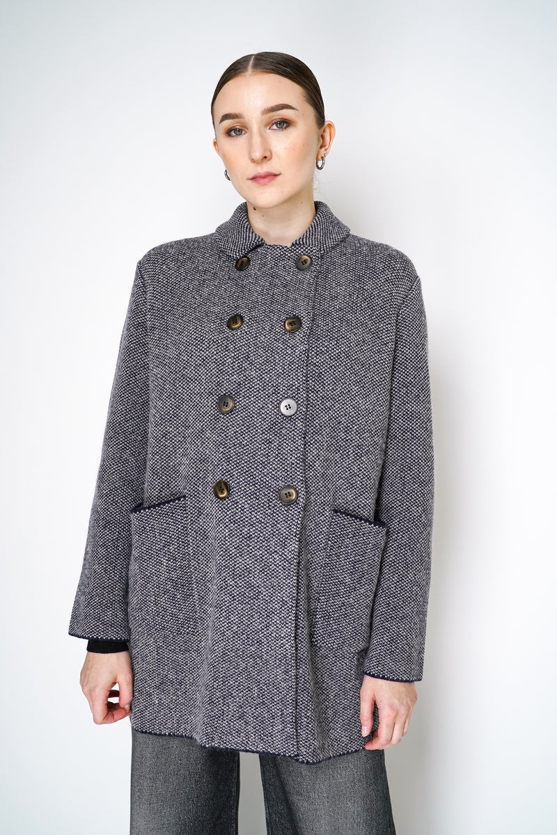 Base Milano Alpaca Blend Double Breasted Stretch Knit Coat in Navy and White