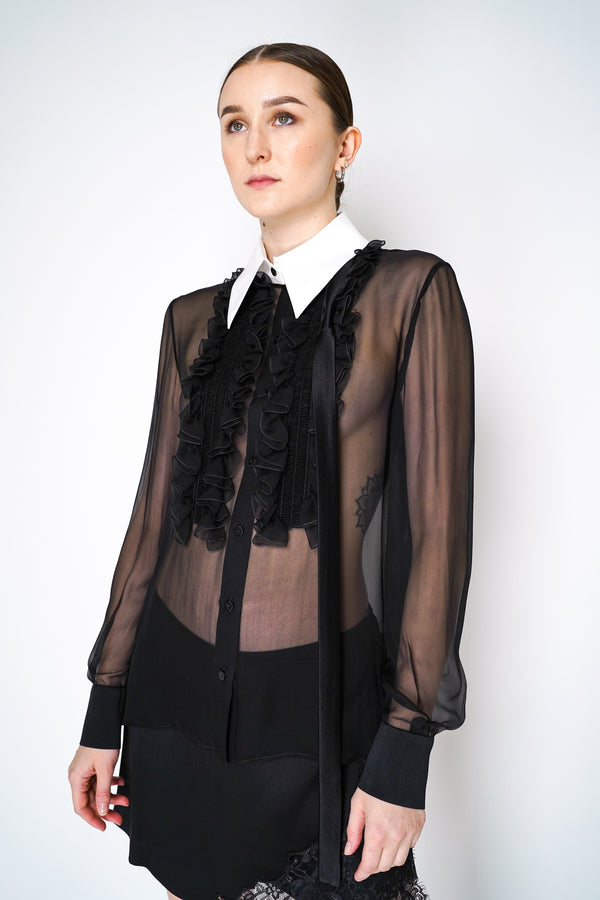 Alberta Ferretti Silk Chiffon Tuxedo Inspired Button-Up Blouse with Detachable Collar in Black Vancouver. Shop Online or in Store. 