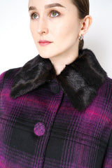 Nº21 Fuzzy Flannel Checked Coat in Black and Magenta Detachable with Faux Fur Collar