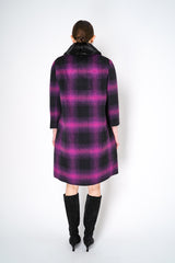 Nº21 Fuzzy Flannel Checked Coat in Black and Magenta Detachable with Faux Fur Collar