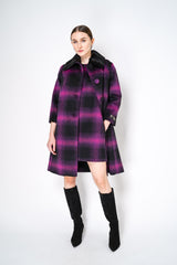 Nº21 Fuzzy Flannel Checked Coat in Black and Magenta Detachable with Faux Fur Collar