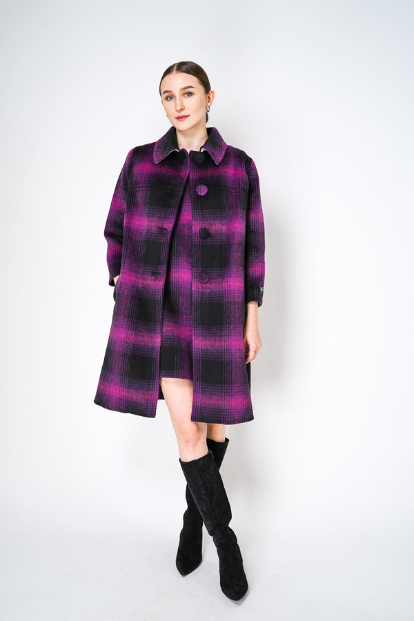 Nº21 Fuzzy Flannel Checked Coat in Black and Magenta Detachable with Faux Fur Collar