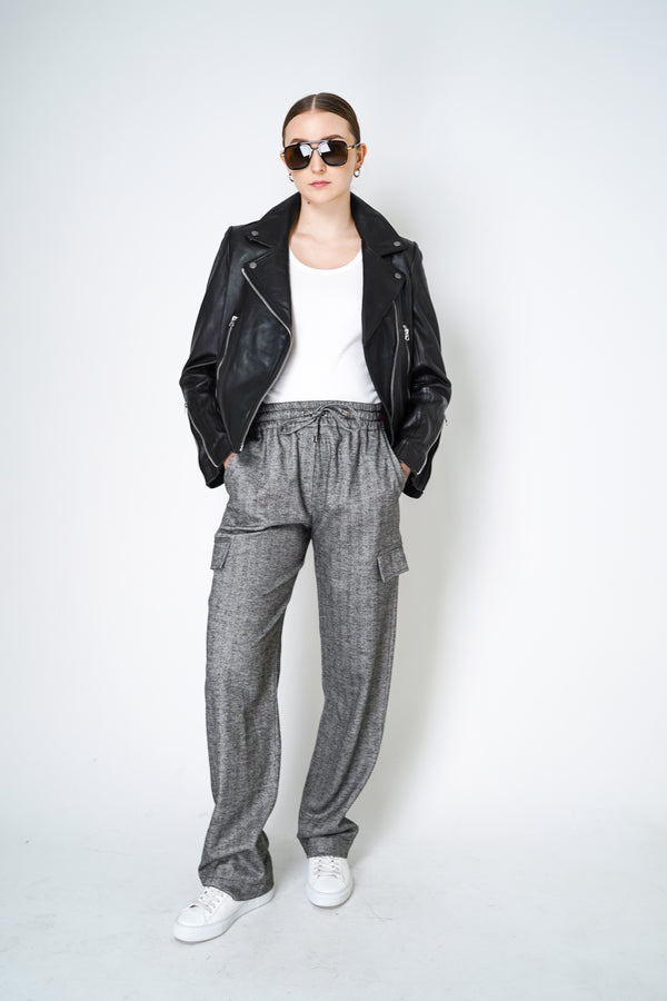 D. Exterior Pull-On Style Flannel Trousers in Herringbone Print