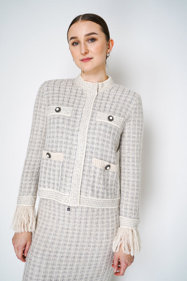 D. Exterior Knit Sequin Bouclé Jacket with Fringe Cuffs in Ivory