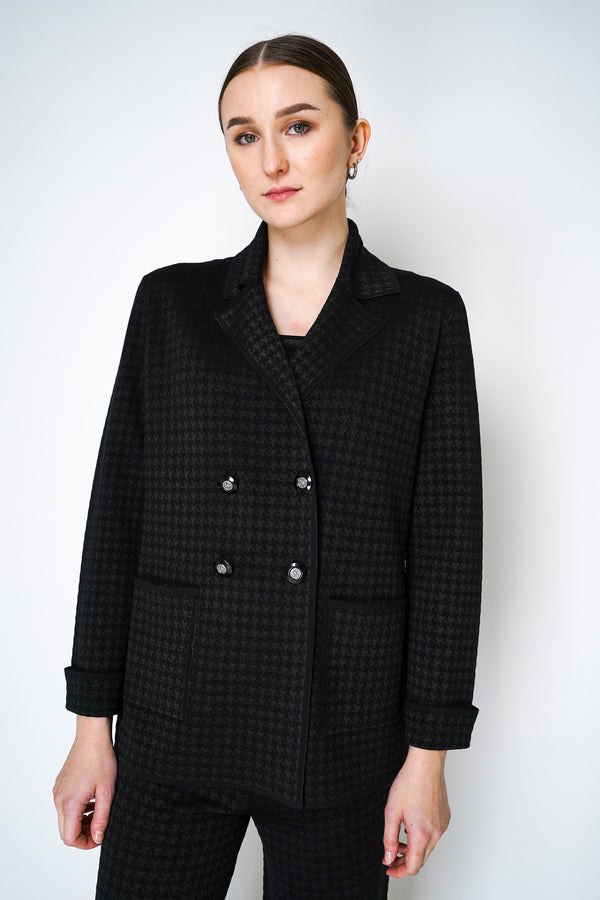 D. Exterior Knit Cardigan-Blazer in Black Houndstooth Print