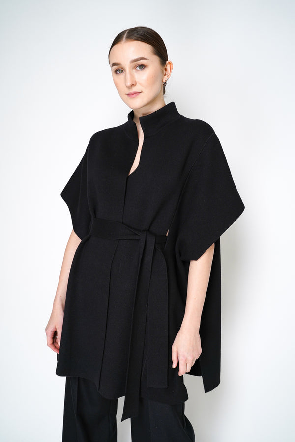 D. Exterior Silk Cashmere Knit Cardigan Poncho with Tie Belt in Black