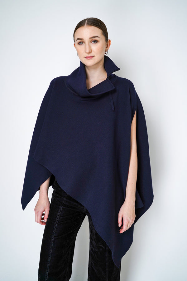 Annette Gortz Virgin Wool Asymmetrical Poncho in Navy Vancouver. Shop Online or in Store. 