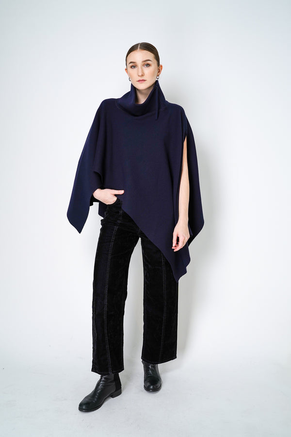 Annette Gortz Virgin Wool Asymmetrical Poncho in Navy Vancouver. Shop Online or in Store. 