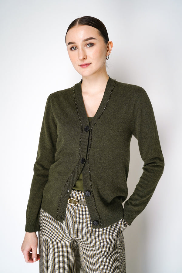 Fabiana Filippi Cashmere Blend Knitted Cardigan with Beaded Neckline in Loden Green