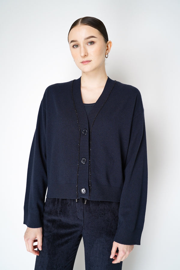 Fabiana Filippi Cashmere Blend Knitted Cardigan with Sequined Neckline in Navy