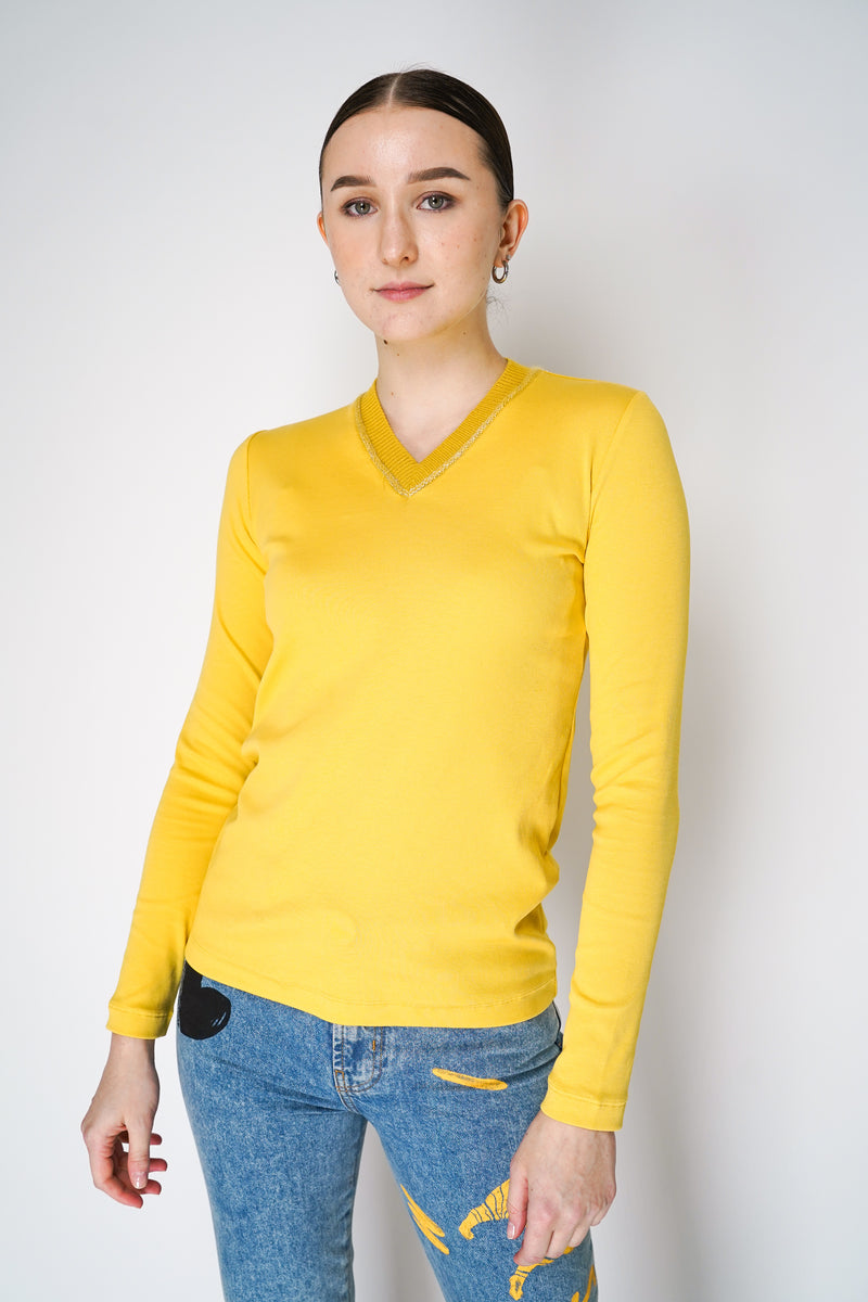 Fabiana Filippi Long Sleeve Jersey Top with Knitted V-Neckline in Yellow Vancouver. Shop Online or in Store.